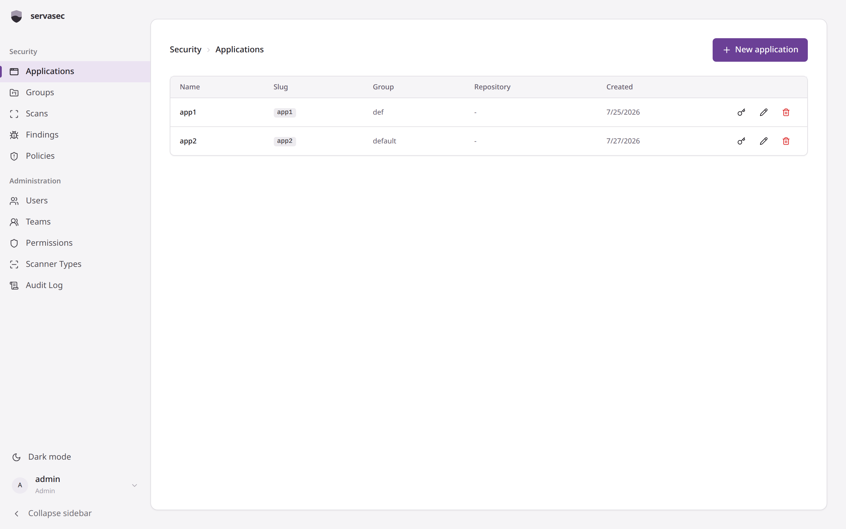 servasec applications page